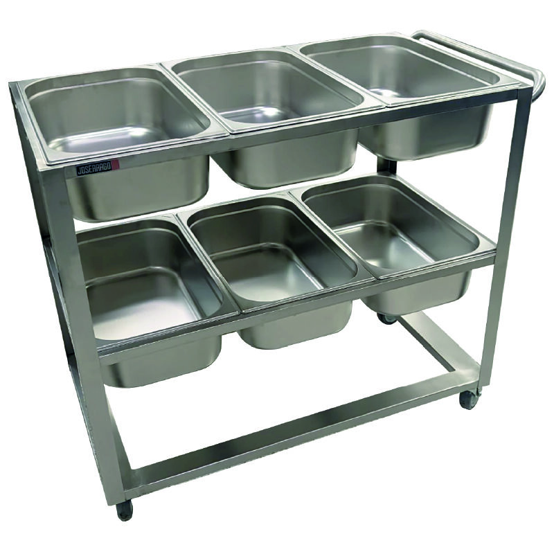 Carrito de acero inoxidable con bandejas gastronómicas.