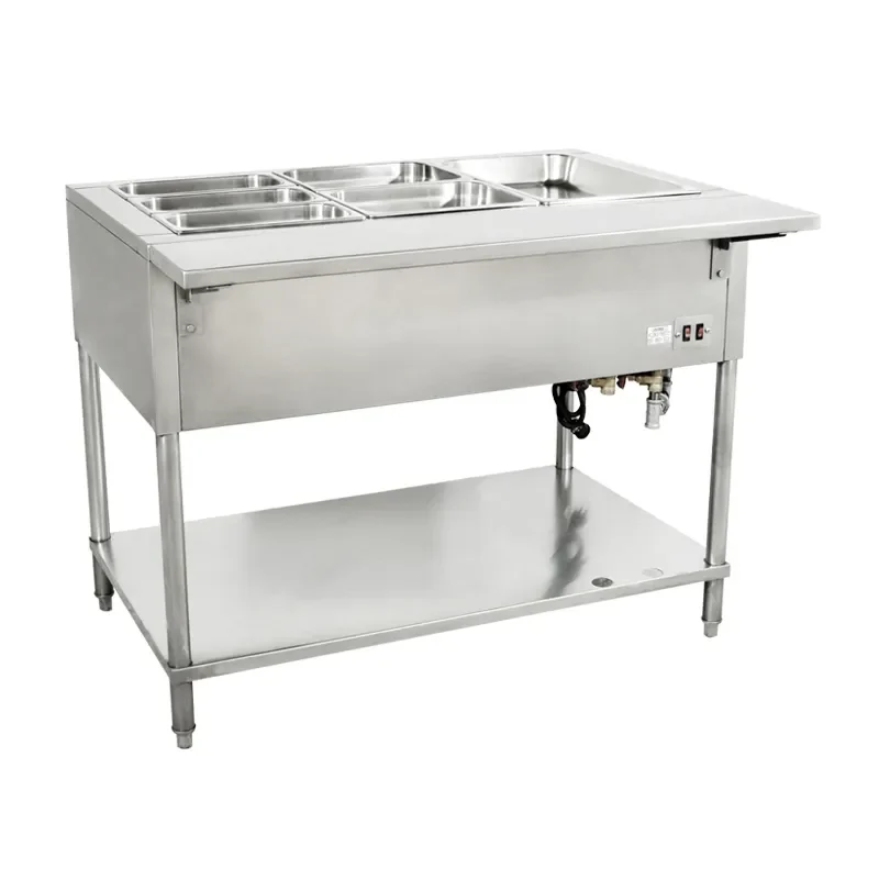 Mesa de acero inoxidable con compartimentos gastronómicos