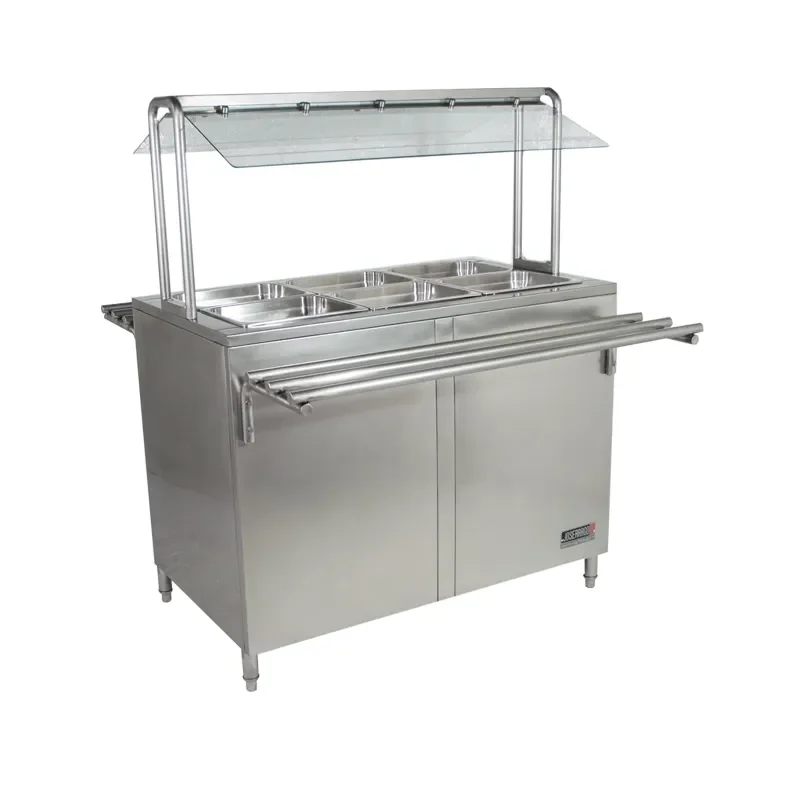 Mesa de buffet en acero inoxidable para cocina industrial.