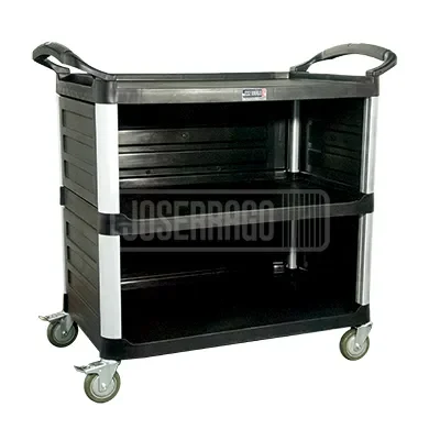 Carro de servicio negro con ruedas y estantes.