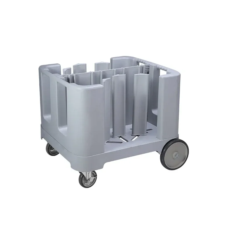 Carro gris para transporte de platos y utensilios.