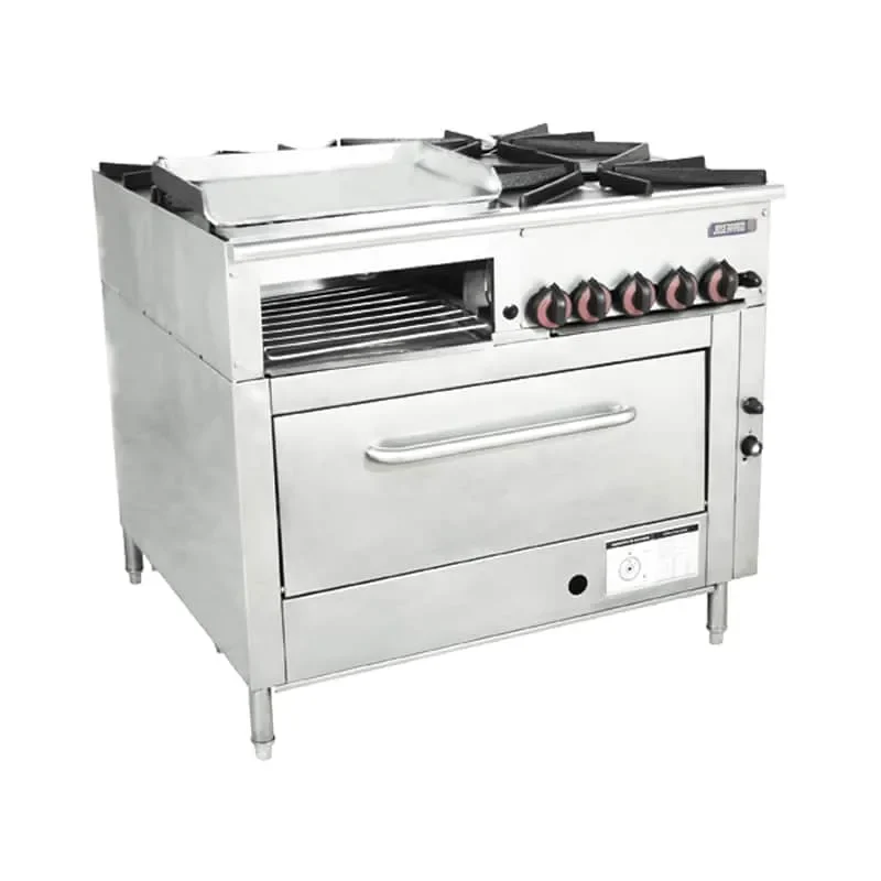 Estufa industrial de acero inoxidable con horno incorporado.