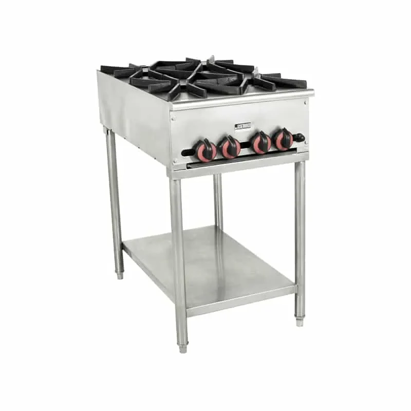 Estufa industrial metálica con cuatro quemadores profesionales.