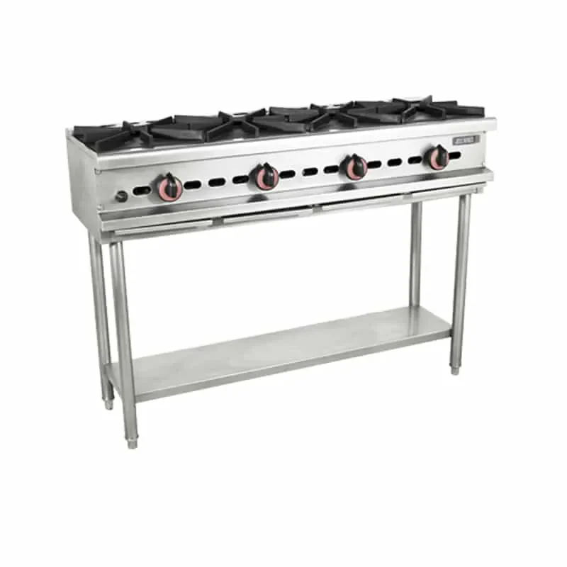 Estufa industrial de acero inoxidable de cuatro quemadores.
