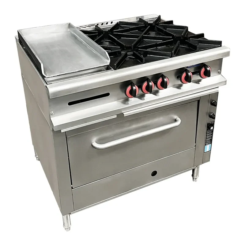 Estufa industrial con horno y parrilla en acero inoxidable.