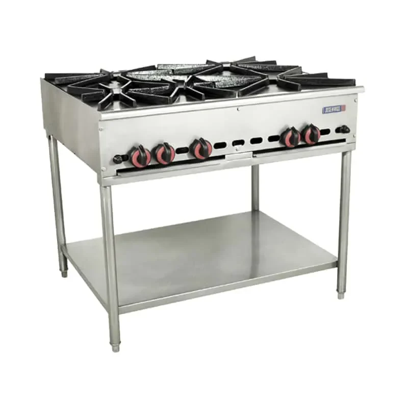 Estufa industrial de acero inoxidable con seis quemadores.
