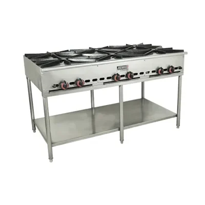 Estufa industrial de acero inoxidable con seis quemadores.