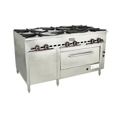 Estufa industrial de acero inoxidable con seis quemadores.