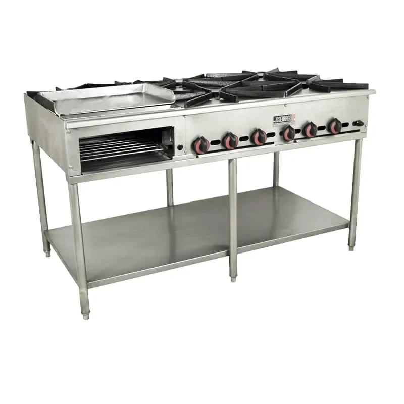 Estufa industrial acero inoxidable con múltiples quemadores.