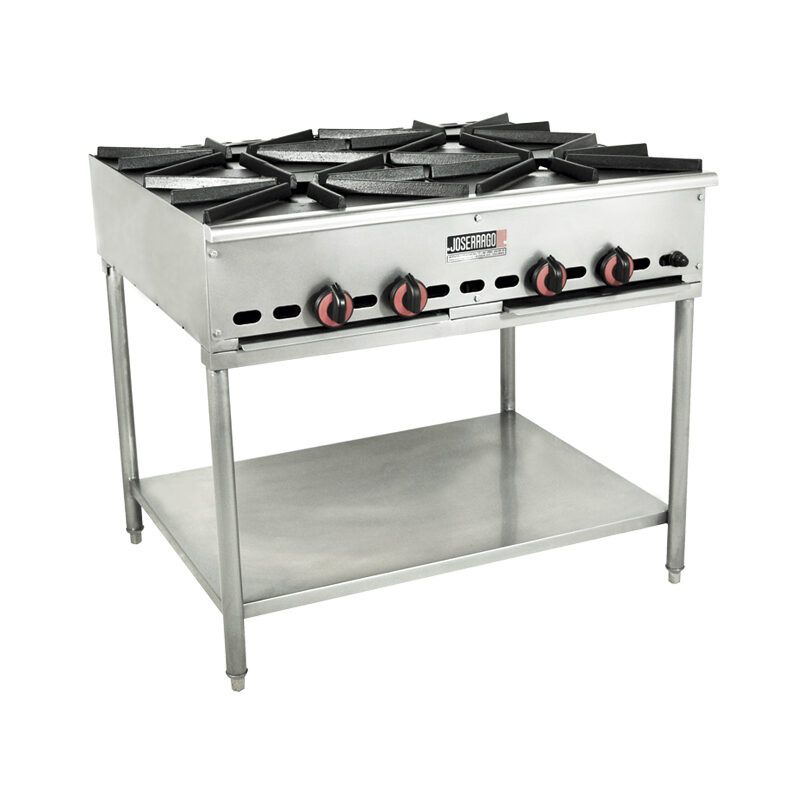 Estufa industrial de acero inoxidable con cuatro quemadores.