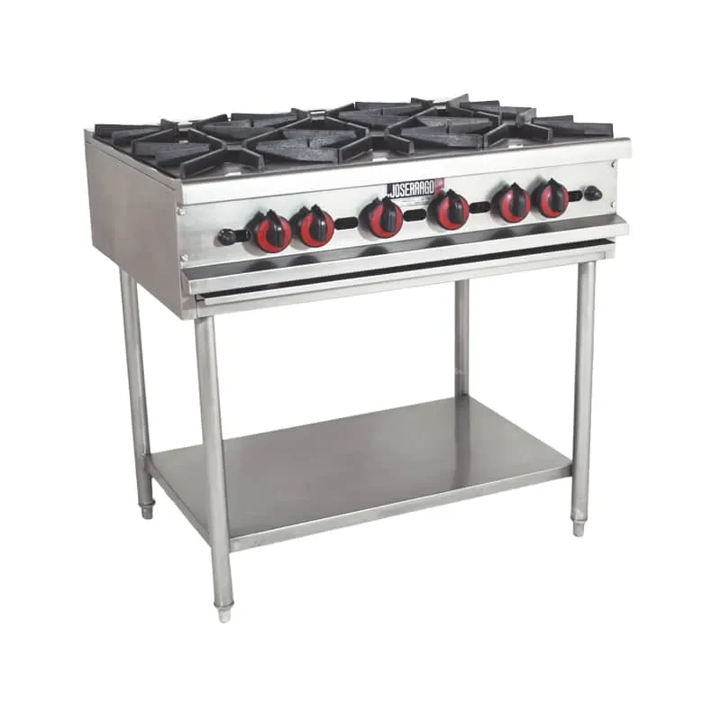 Estufa industrial de acero inoxidable con cuatro quemadores.