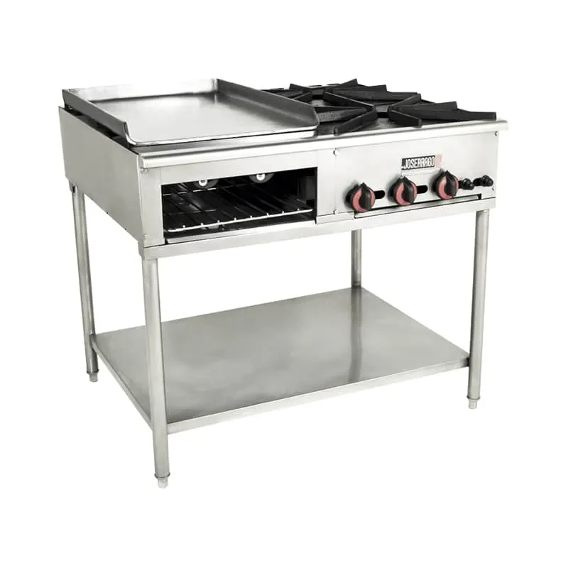 Estufa industrial de acero inoxidable con quemadores.