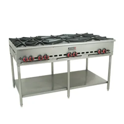Estufa industrial de acero inoxidable con seis quemadores.