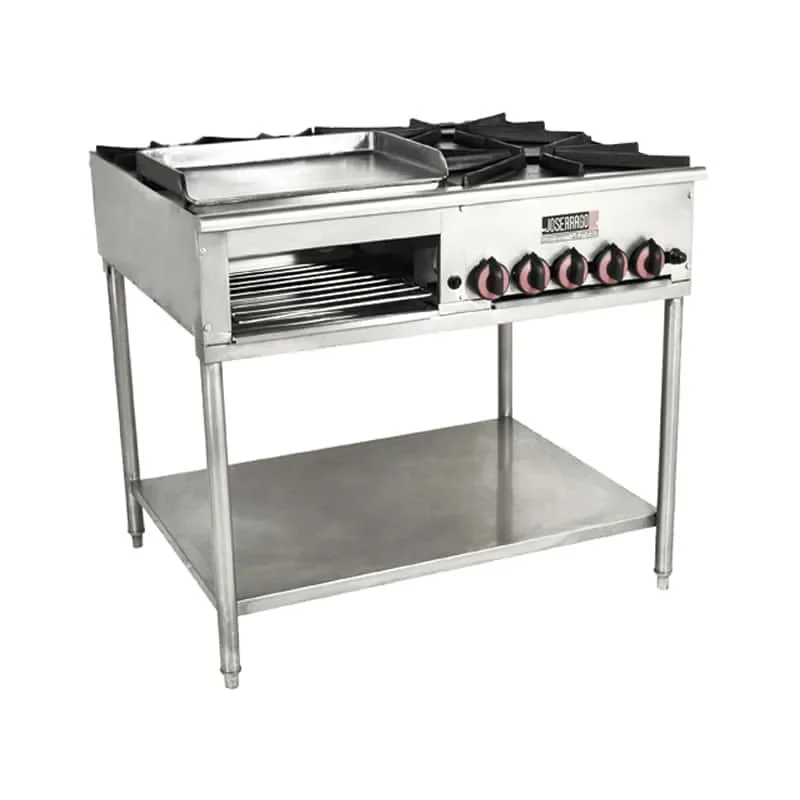 Estufa industrial de acero inoxidable con horno y parrilla.