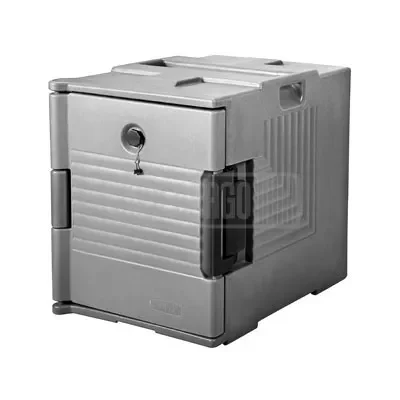 Conservador de alimentos gris con cerradura.