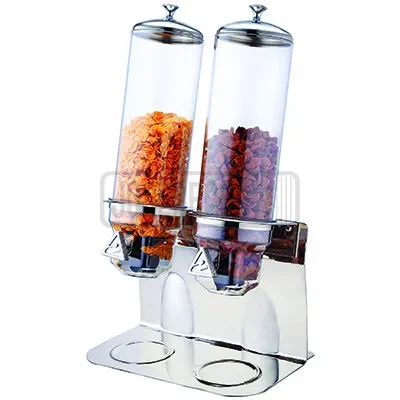 Dispensador doble de cereal en acero inoxidable.
