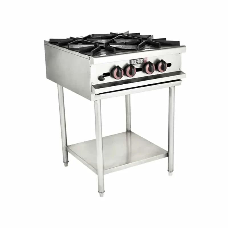 Estufa de gas industrial con cuatro quemadores.