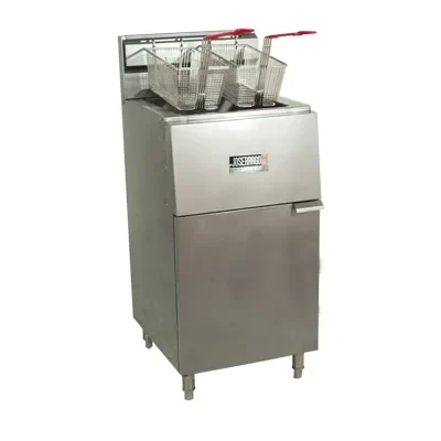 Freidora industrial de acero inoxidable con canastas metálicas.