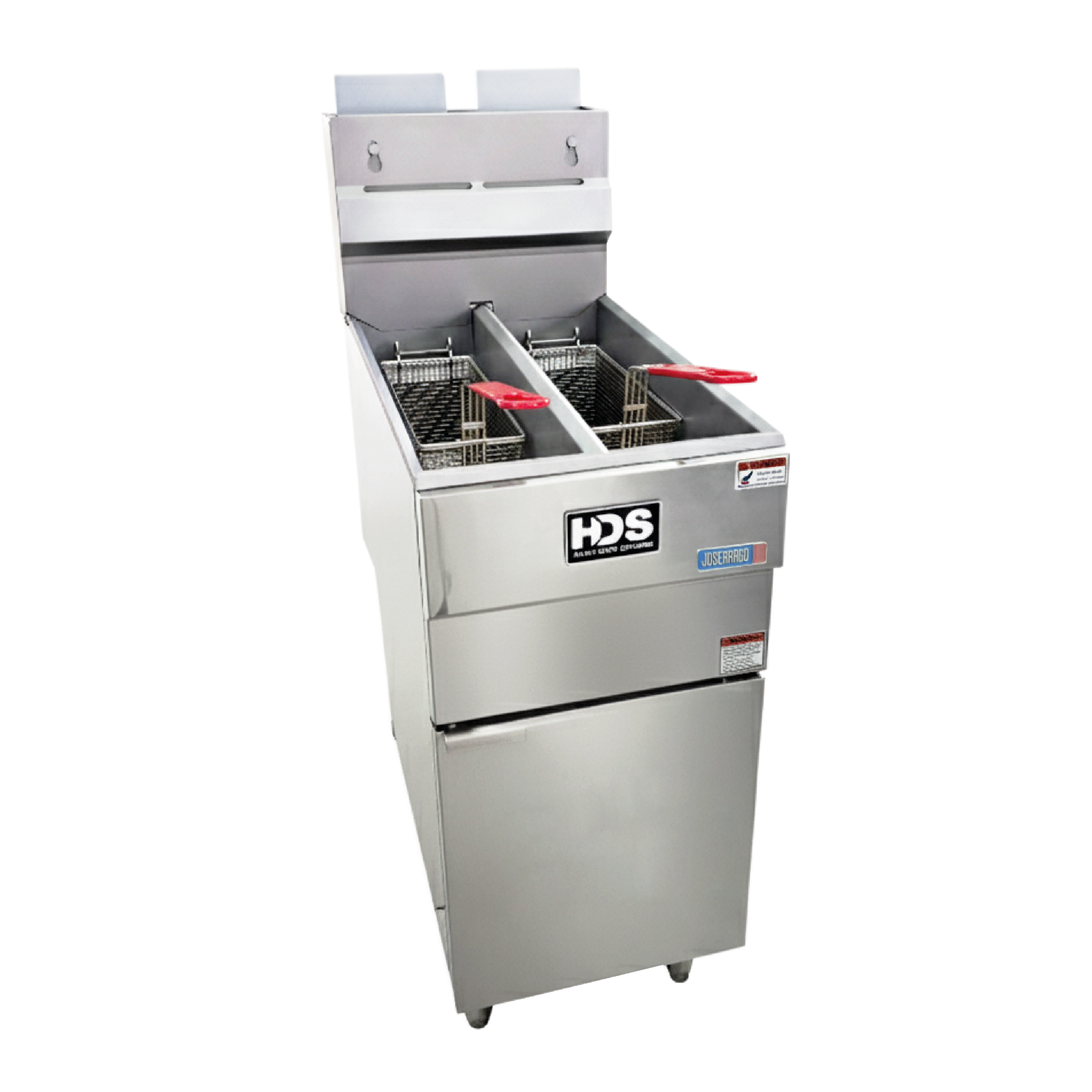 Freidora industrial de acero inoxidable con cestas.