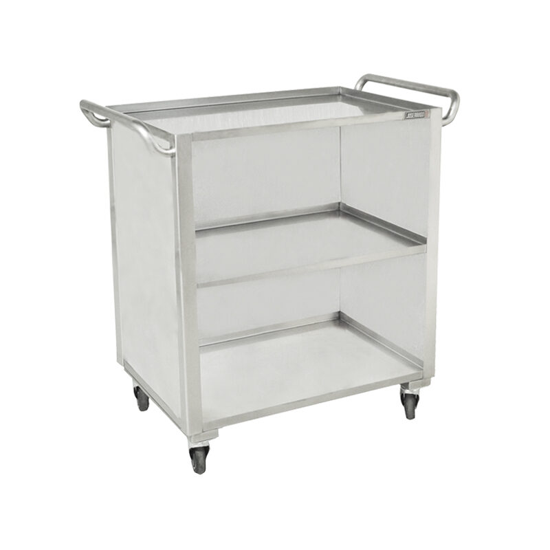 Carro de acero inoxidable con ruedas y estantes.