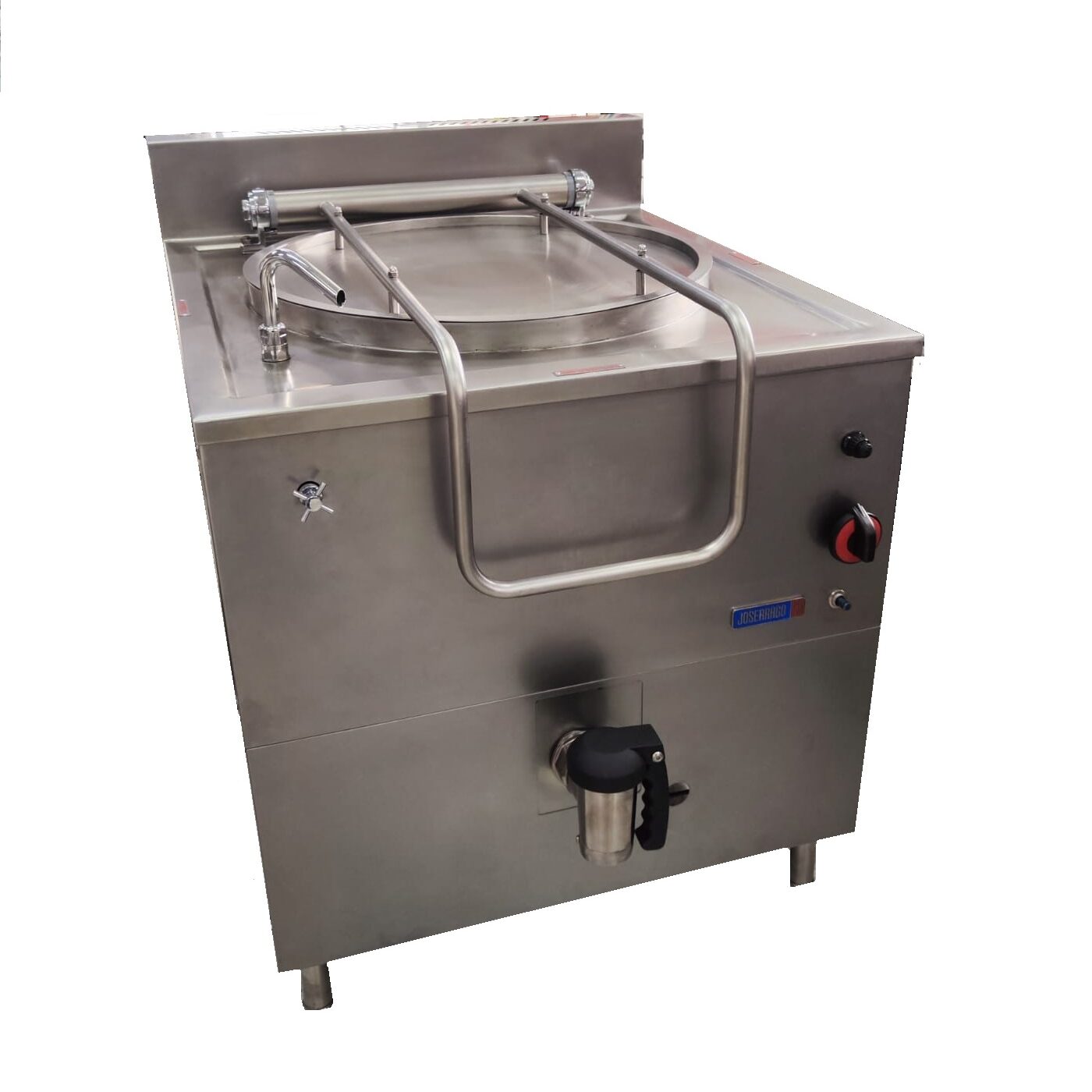 Marmita industrial de acero inoxidable para cocina comercial.