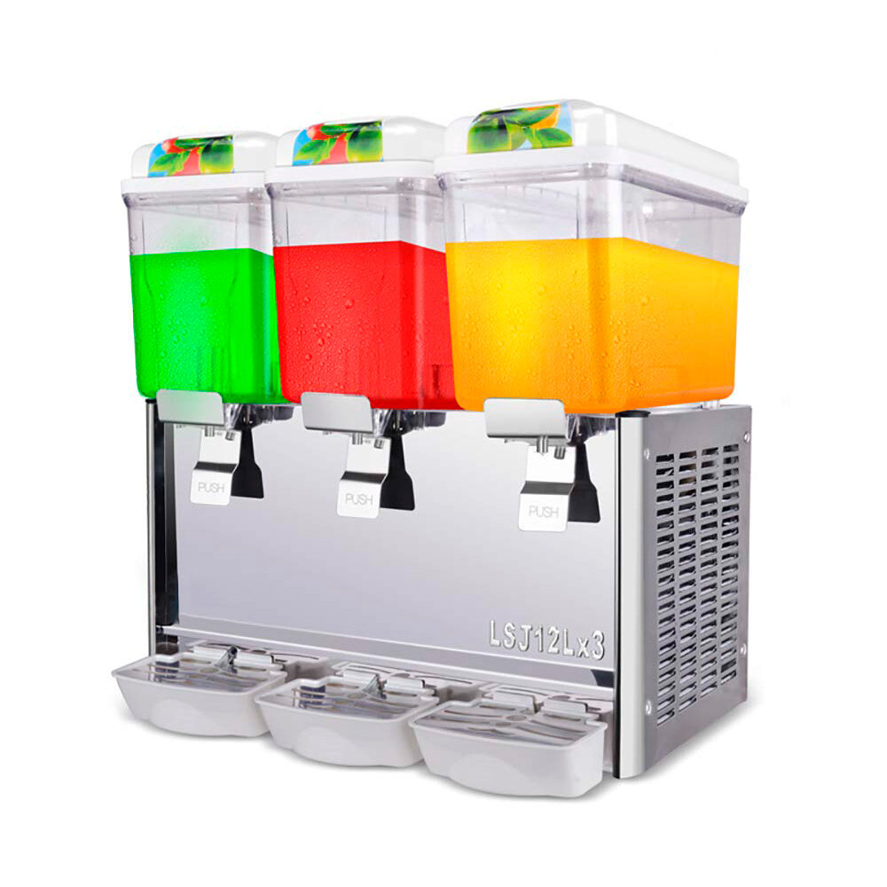 Dispensador de jugos tricolor para bebidas frías.