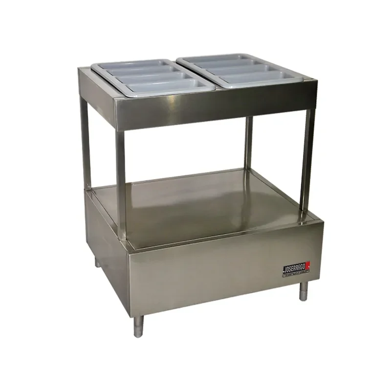 Vitrina refrigerada de acero inoxidable para alimentos.