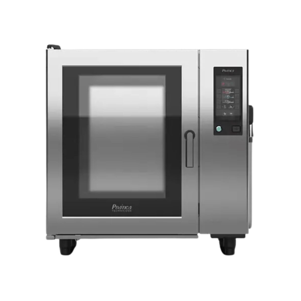 Horno industrial de acero inoxidable con puerta de cristal.