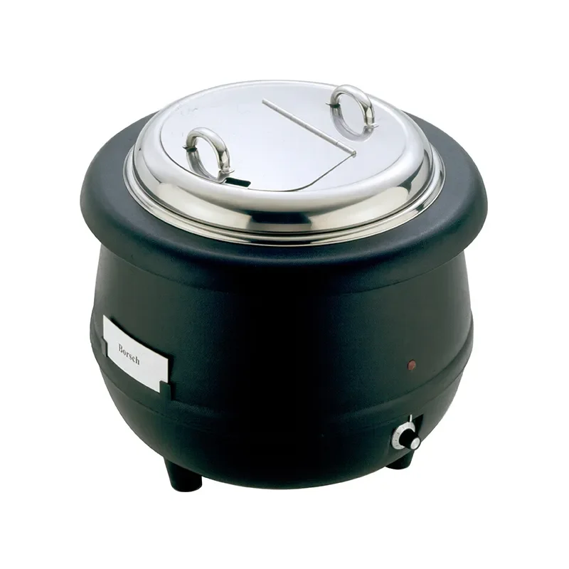 Olla negra eléctrica con tapa de acero inoxidable.