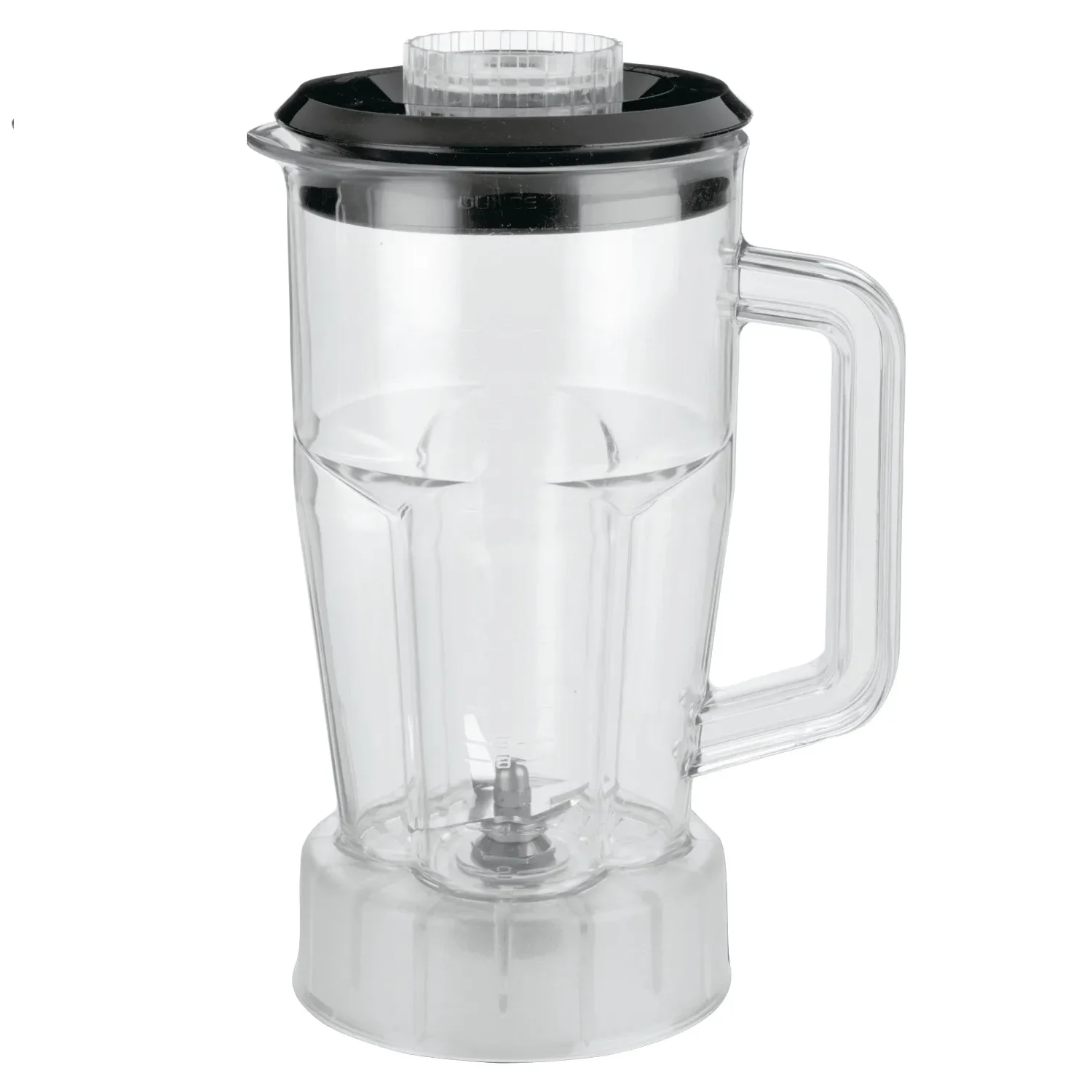Jarra de licuadora de plástico transparente con tapa.