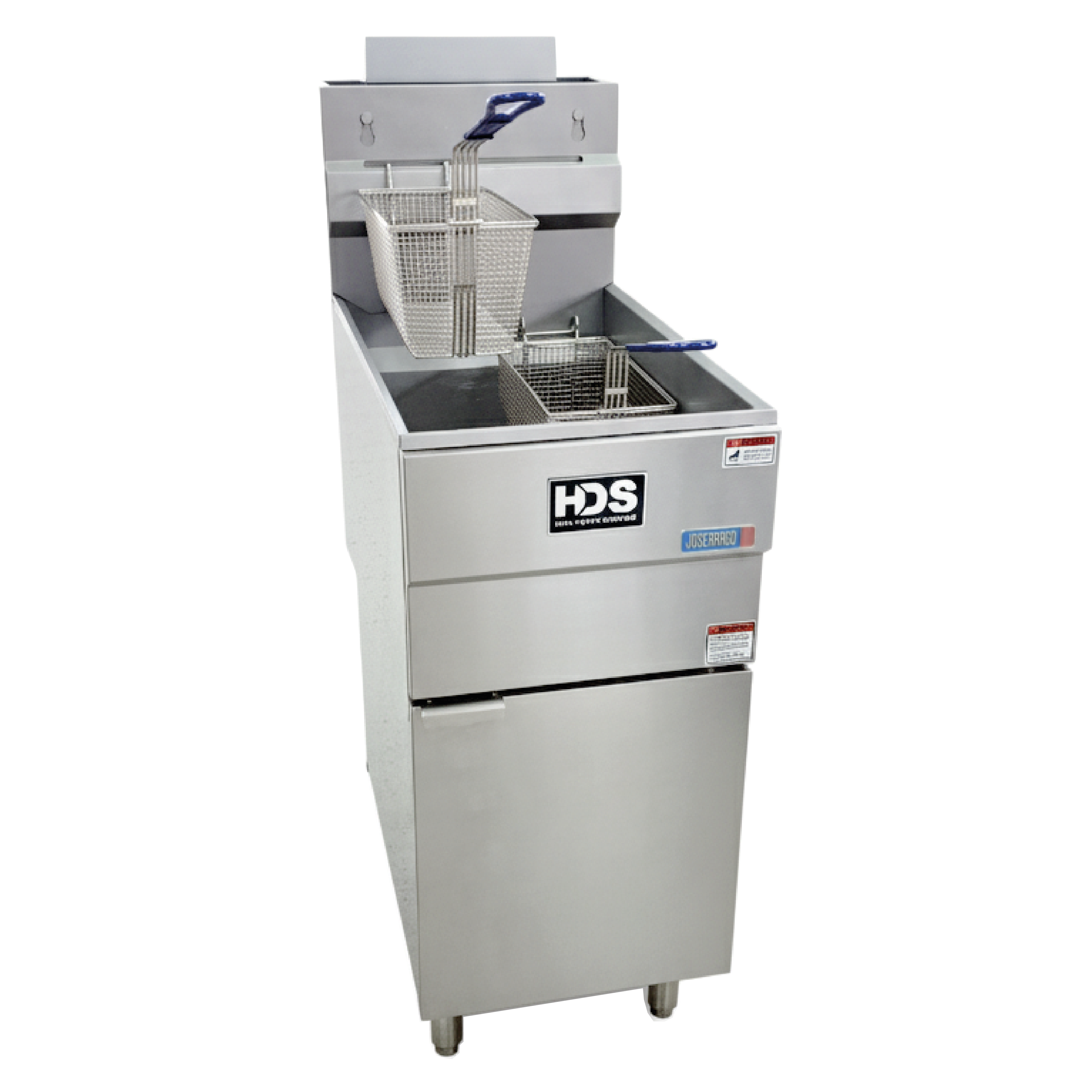 Freidora industrial de acero inoxidable con cesta.