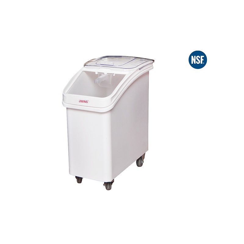 Contenedor blanco con tapa y ruedas para almacenamiento.